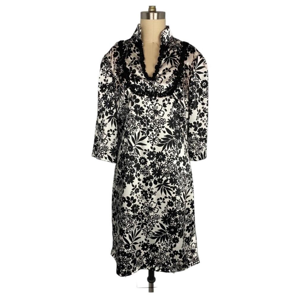Vintage Black White Floral Sheath Dress Women’s MEDIUM Lace Trim 3/4 Sleeve